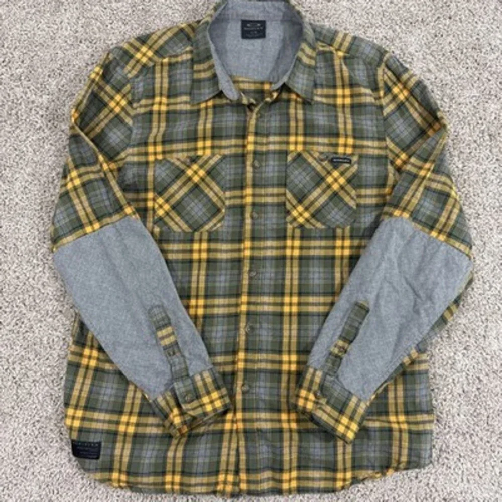 Oakley Mens Large Plaid Button Down Shirt‎ Green Yellow Gray Cotton EUC